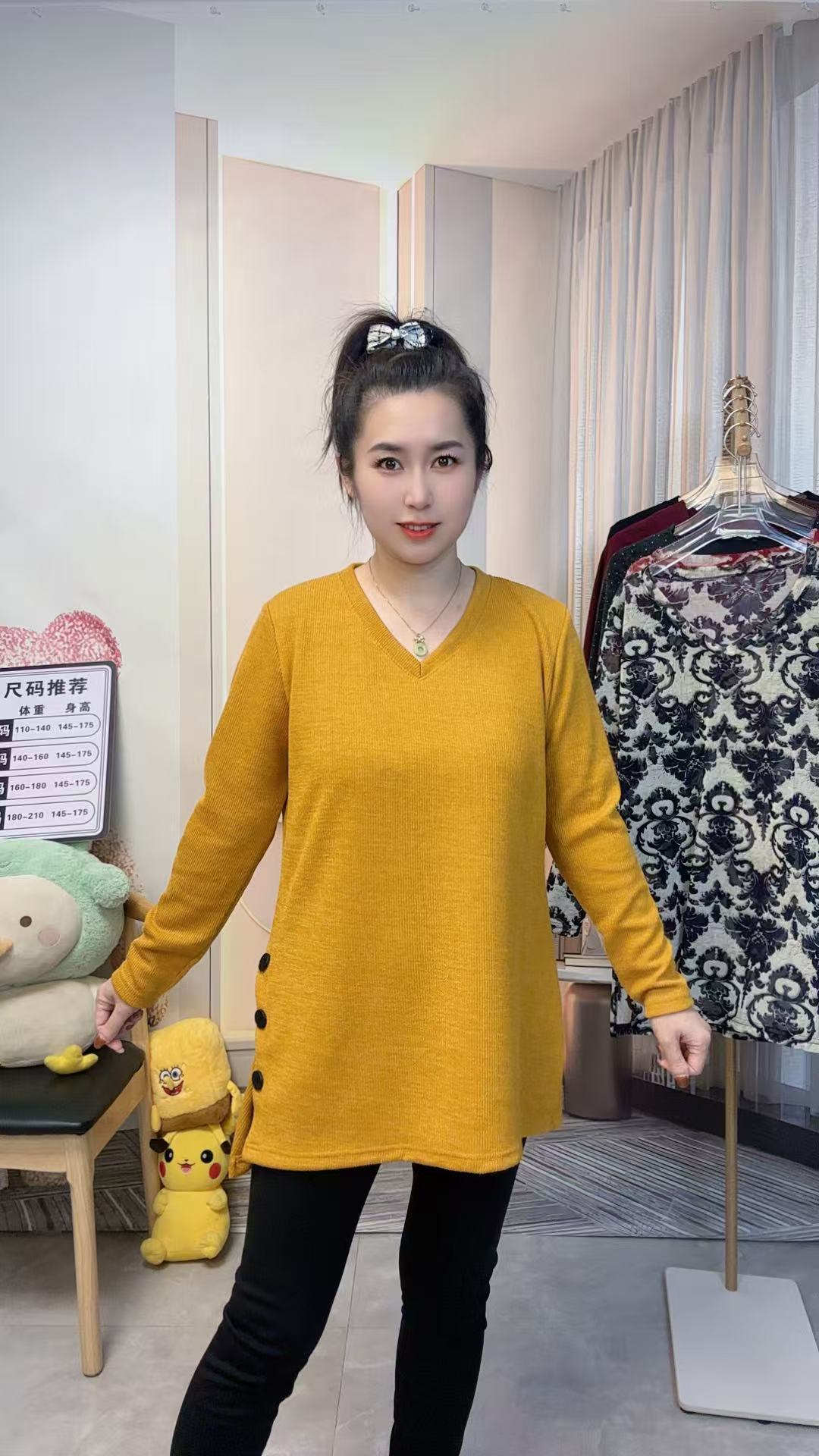 大码V领侧开叉纽扣针织衫宽松时尚中长款百搭长袖休闲