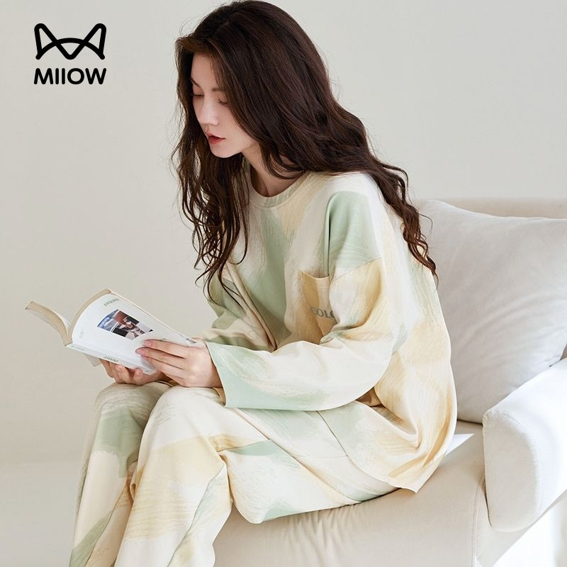 猫人纯棉睡衣女款春秋季2025新款长袖长裤简约休闲舒适家居服套装