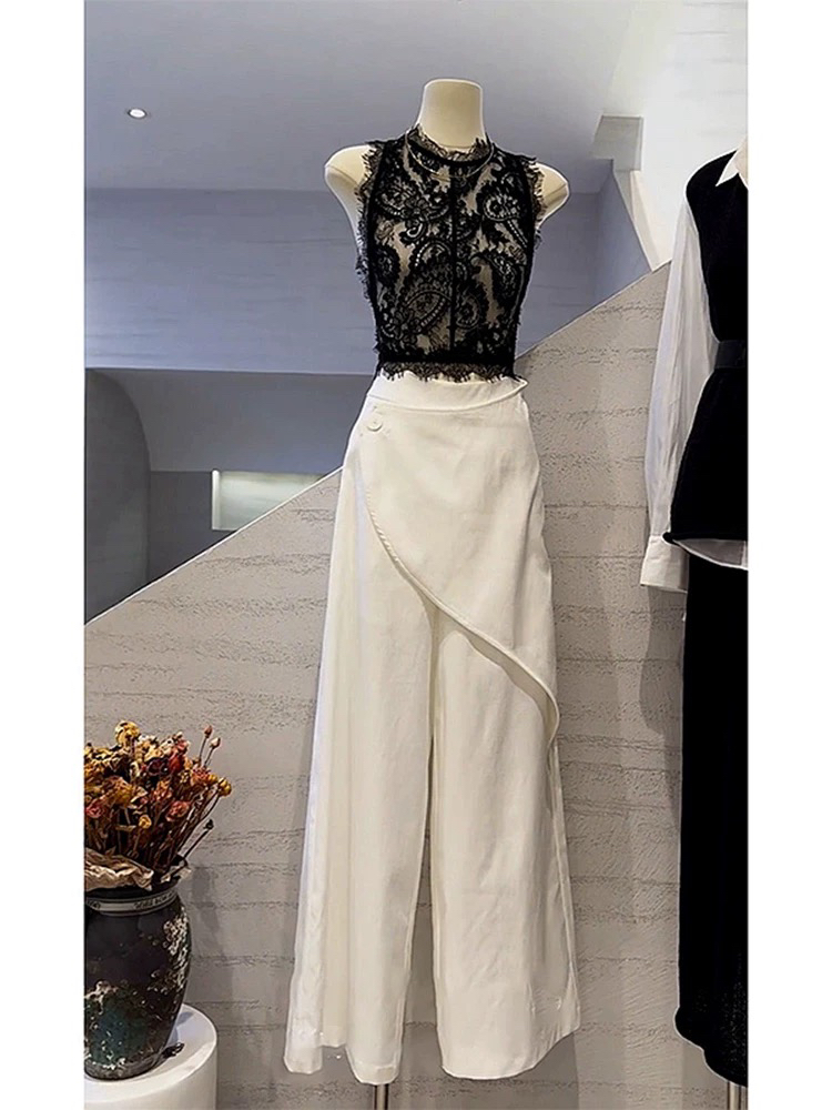 夏季流行爆款白色高腰直筒宽松慵懒风独特   显瘦洋气时尚复古