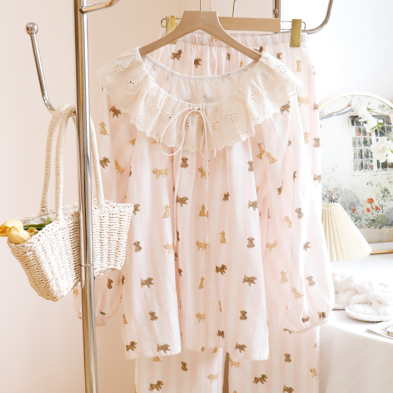 【5711条纹奶狗】甜美新款棉纱薄春秋外穿公主家居服睡衣宽松长袖