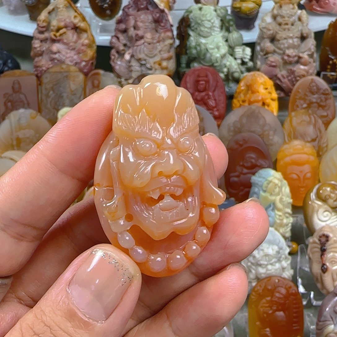 石英质玉1未镶嵌天然阿拉善彩玉纯手工雕刻鬼王吊坠