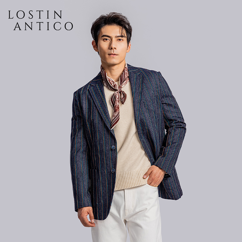 南意复古绅装宽松橙蓝条纹牛仔西服单排扣男商务休闲正装外套单西