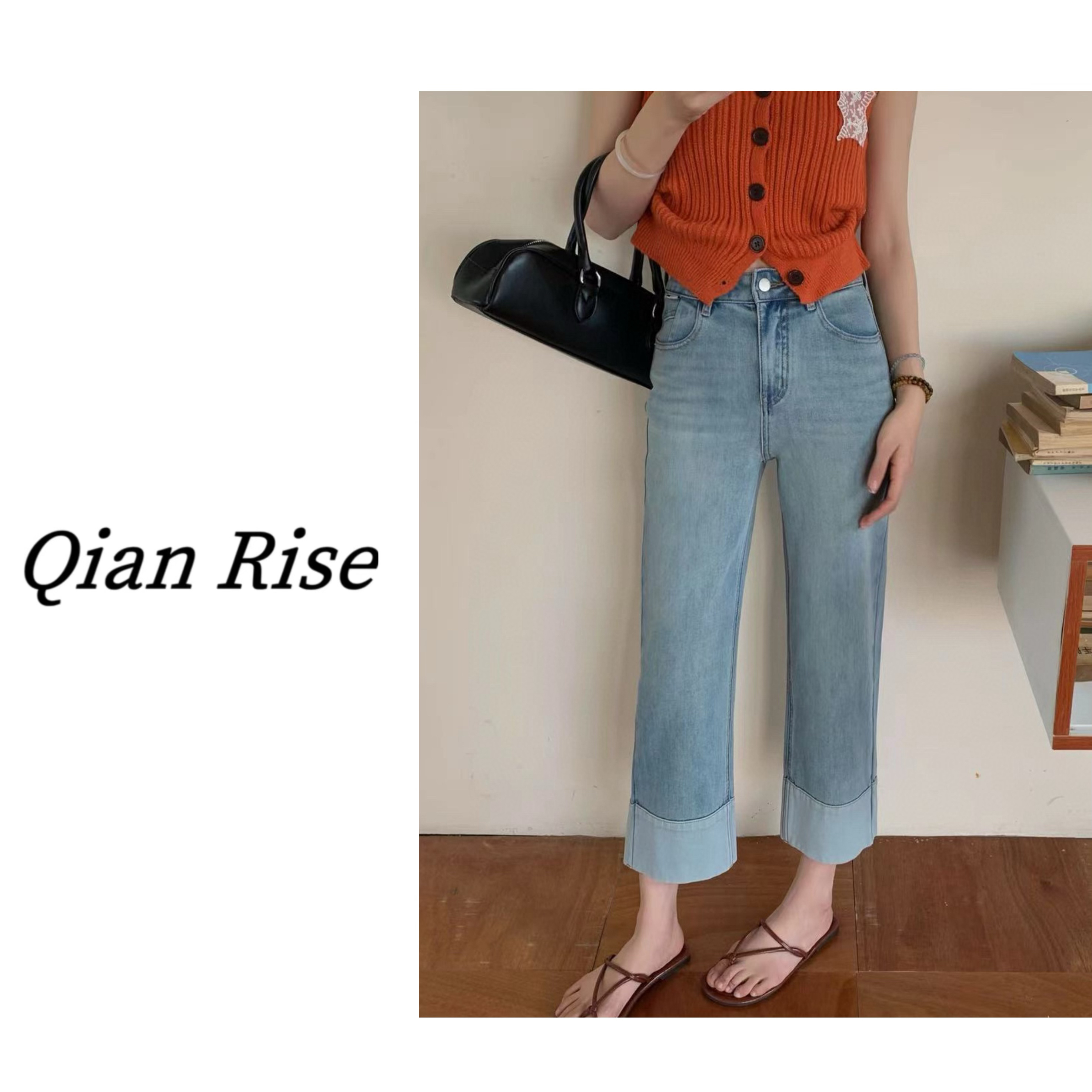 千瑞姿 -「挽边牛仔裤」九分裤烟管裤神裤牛仔裤两色直筒裤高腰时髦