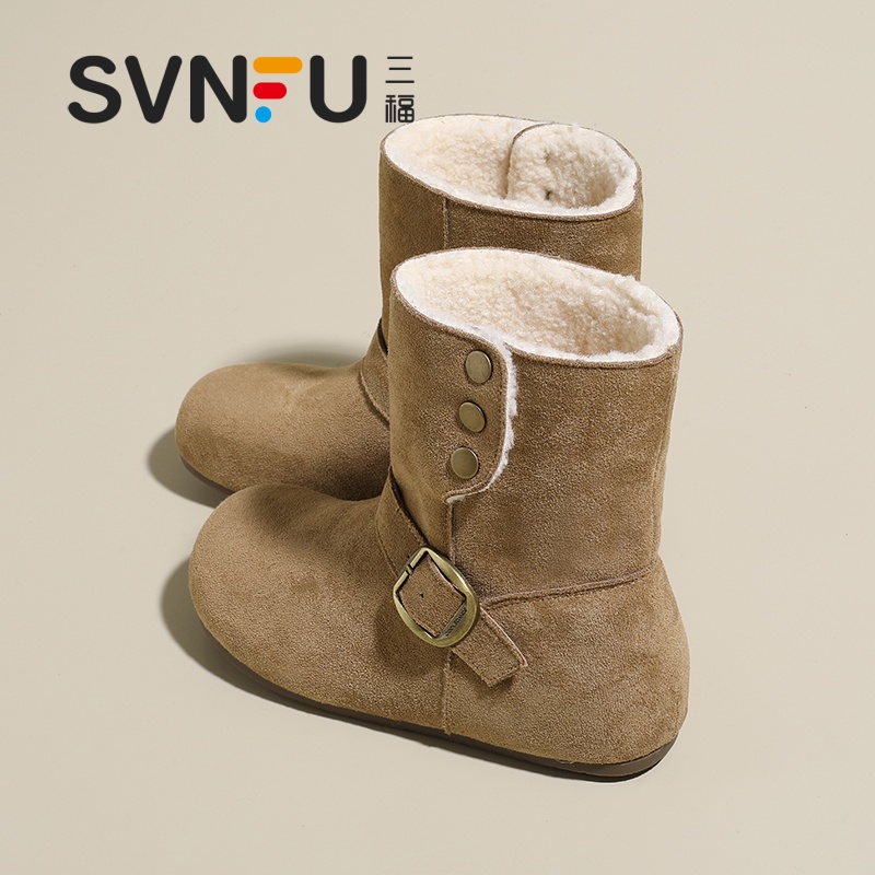 三福软底内增高雪地靴女2025冬季新款加绒加厚保暖棉鞋子勃肯短靴