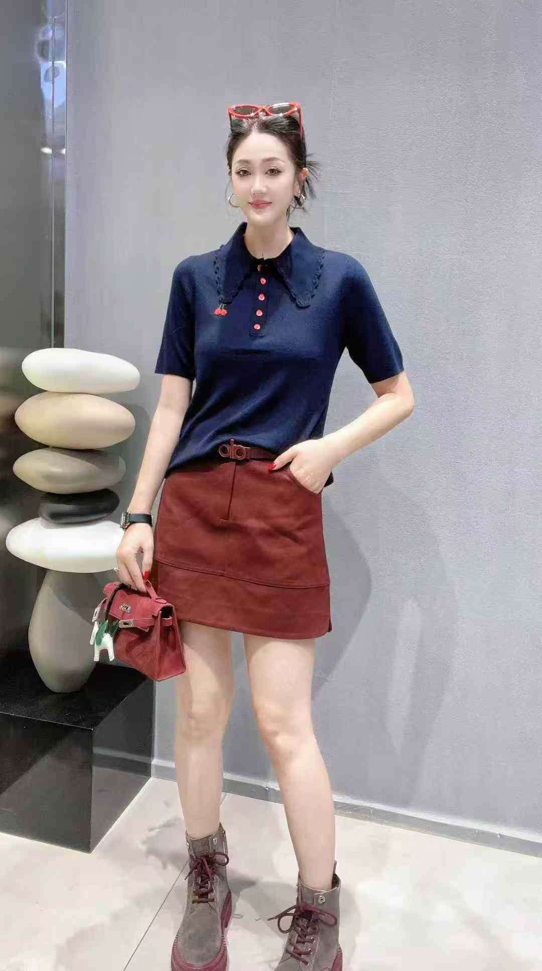 常规款短袖刺绣INS风V领毛针织衫韩版polo纯色女装