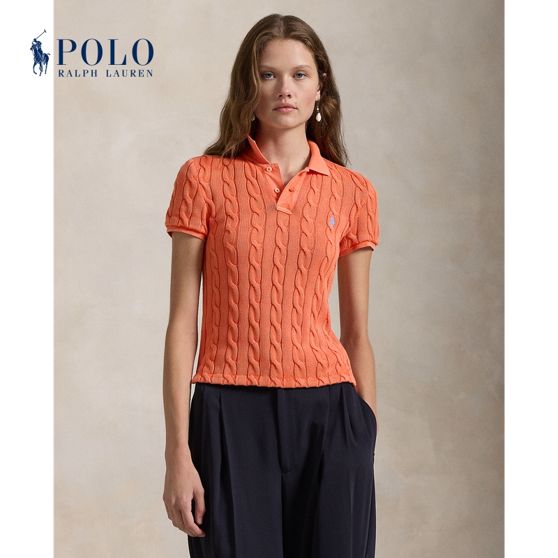 Ralph Lauren/拉夫劳伦女装 25年早春修身版棉绞花编结Polo针织衫