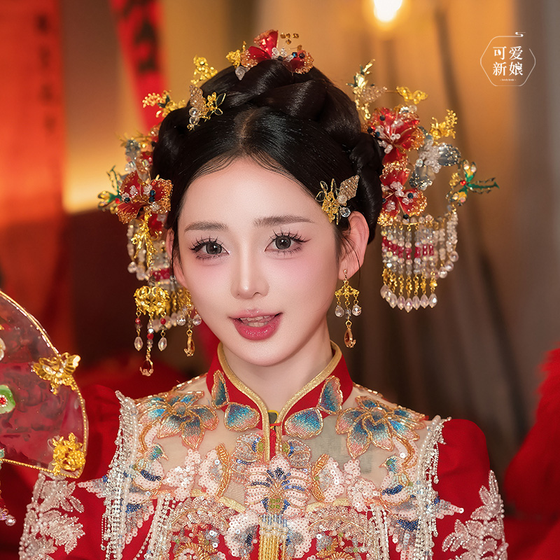 秀禾服新娘头饰高级减龄红金花朵水晶发簪中式龙凤褂配饰20250202