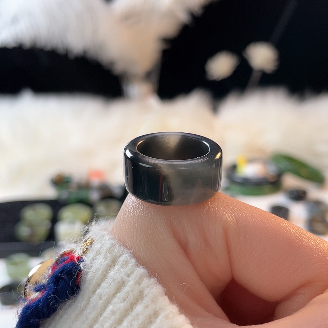 和田玉未镶嵌戒指k100黑青花圆切16.9mm