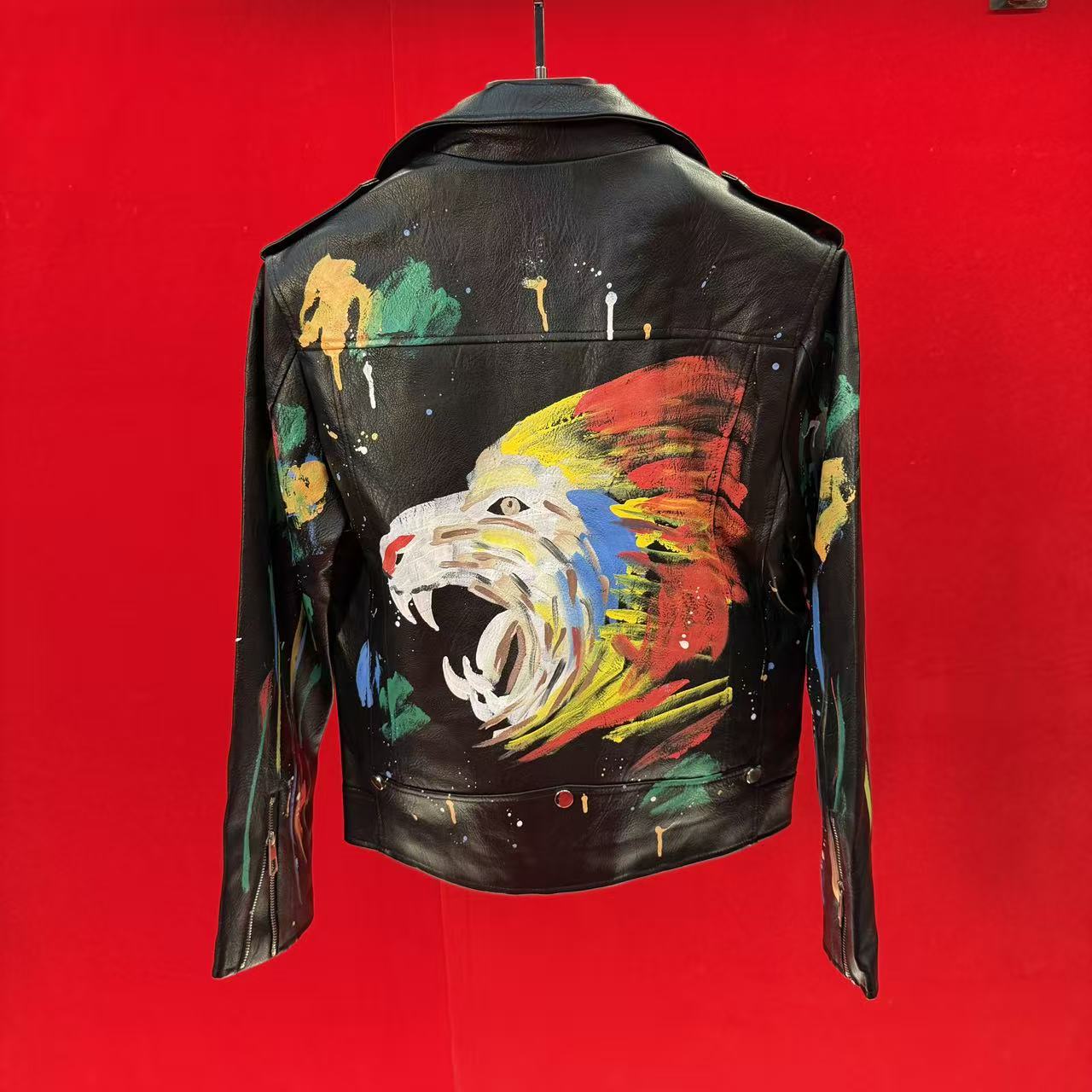 FLD定制25秋季新潮流秋冬休闲潮流时尚洋气修身油画狮子男士皮衣