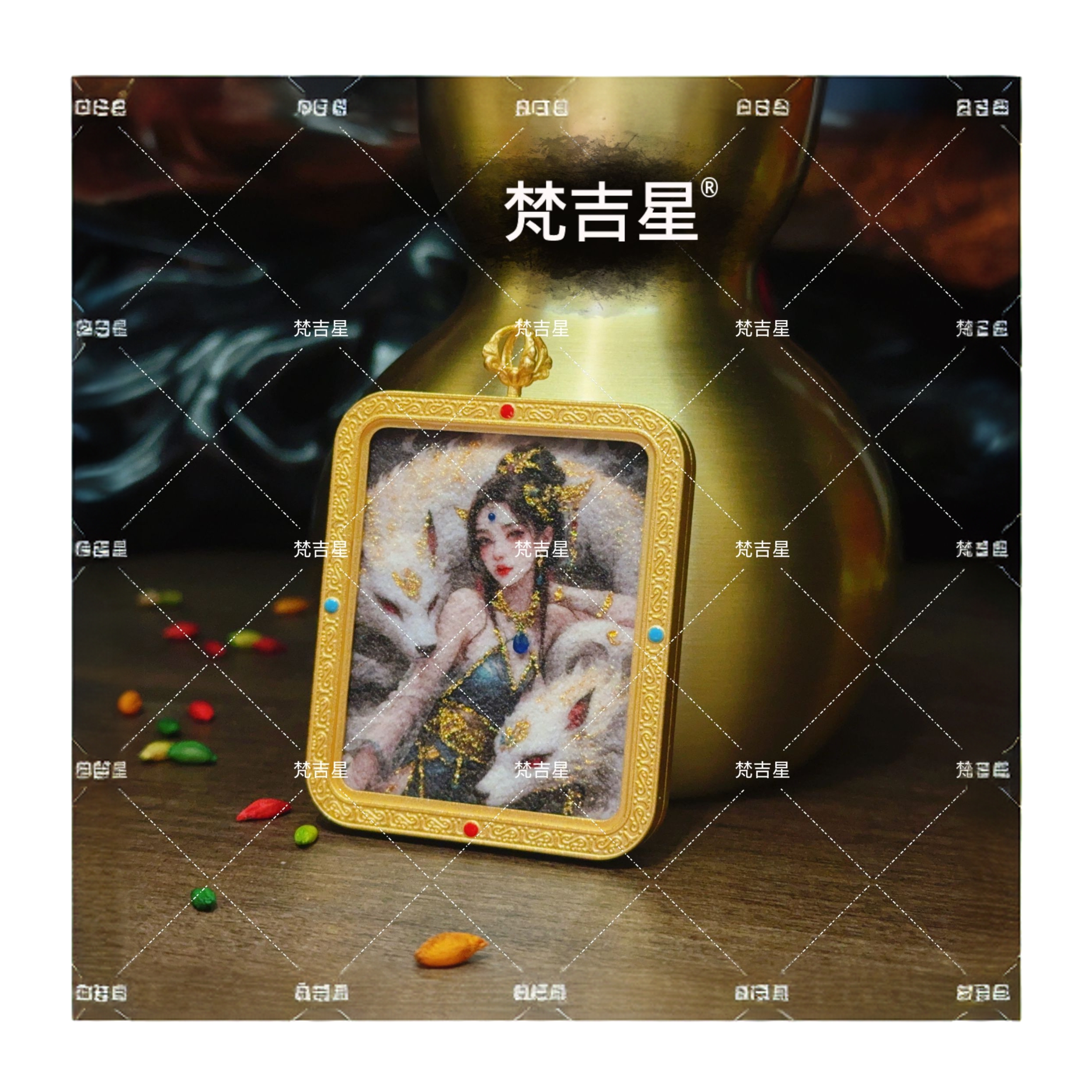 梵吉星双盘狐黑凤九    手工砂唐卡 FJXTK092