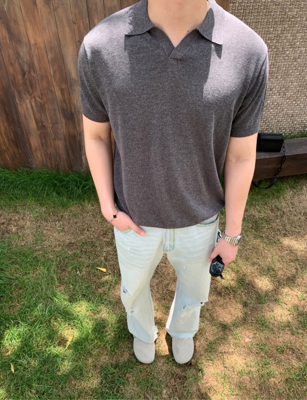 富贵春夏“亚麻天丝针织19针”Lp 风百搭纯色凉爽翻领针织polo短袖