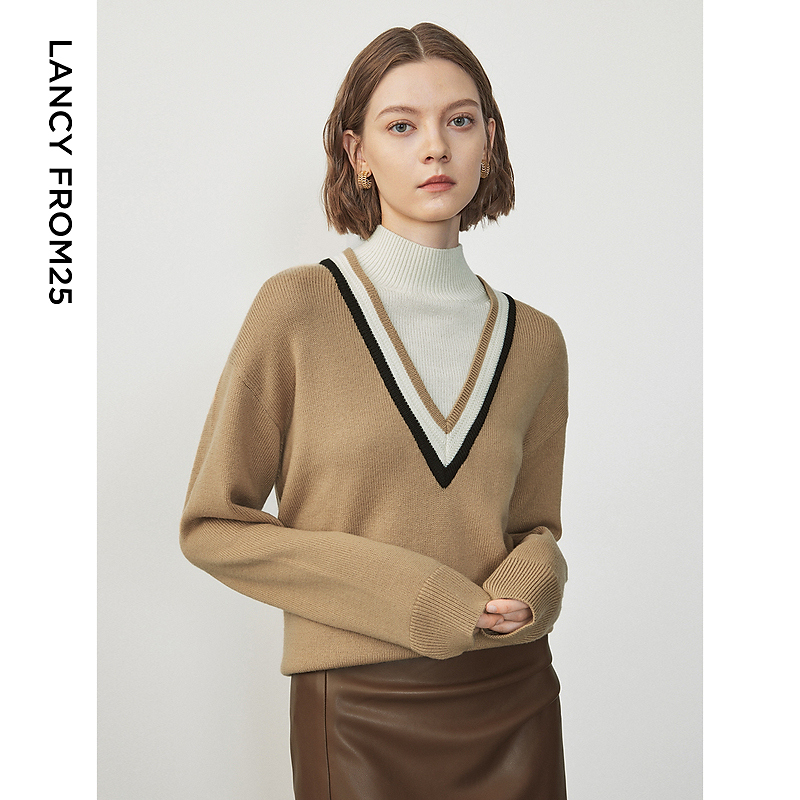 达人朗姿假两件立领毛针织衫冬季女内搭打底衫上衣KPR887