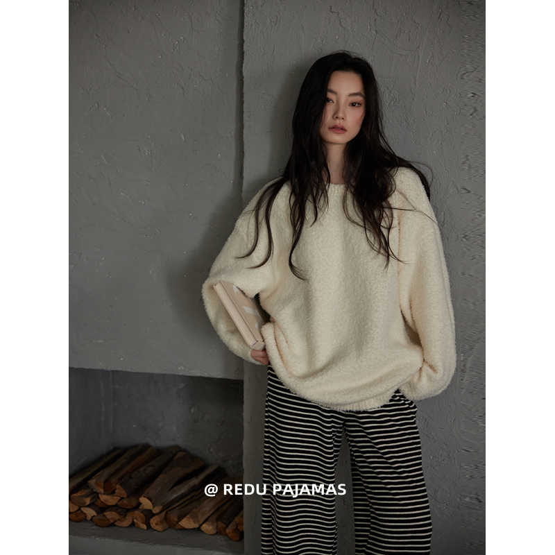 热妒半边绒睡衣女秋冬条纹加绒保暖慵懒风宽松圆领外穿家居服套装