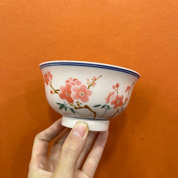 景德镇红稀稀米饭碗 釉下彩翠竹红梅 口径10.5 高度6.5 4.5寸