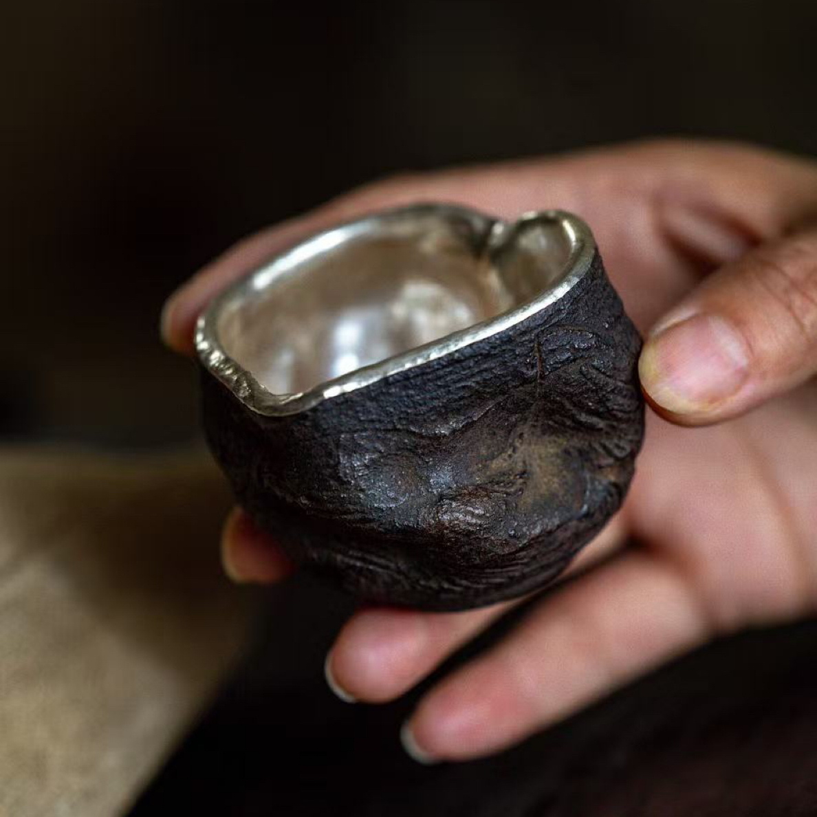 【雅柯茶缘】纯手工·陶包银·墨岩银晖杯全手工锤纹主人杯公道杯