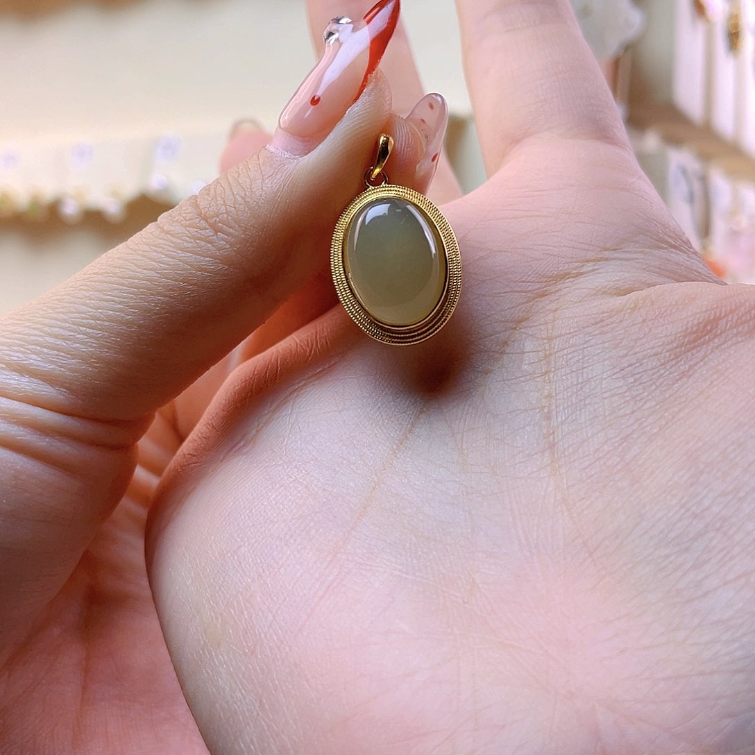 和田玉吊坠(赠链)银S925镀金镶嵌喜**