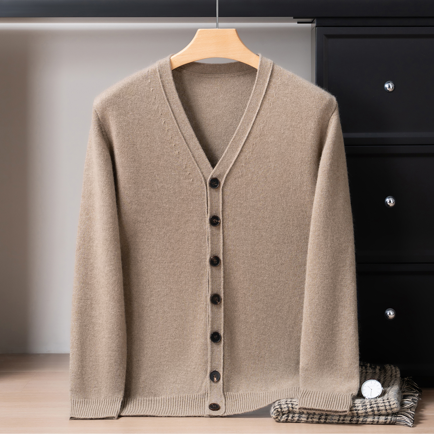 100%纯山羊绒衫男款秋冬7针加厚宽松保暖V领针织外套羊绒开衫723