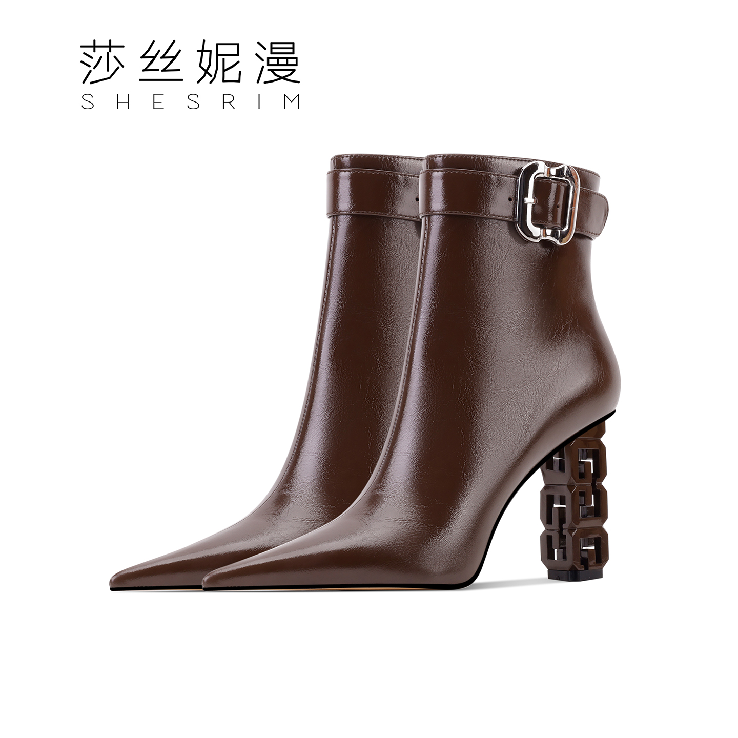 257-「6/8CM]粗跟短靴女2025冬新款百搭真皮尖头时装靴方跟气质靴