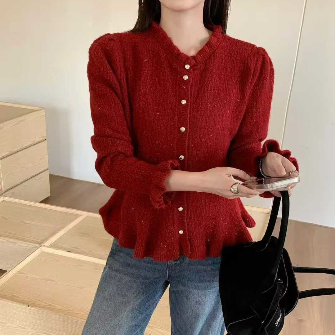 法式木耳边鱼尾针织衫女ins喇叭袖加厚收腰显瘦毛衣外套秋冬上衣