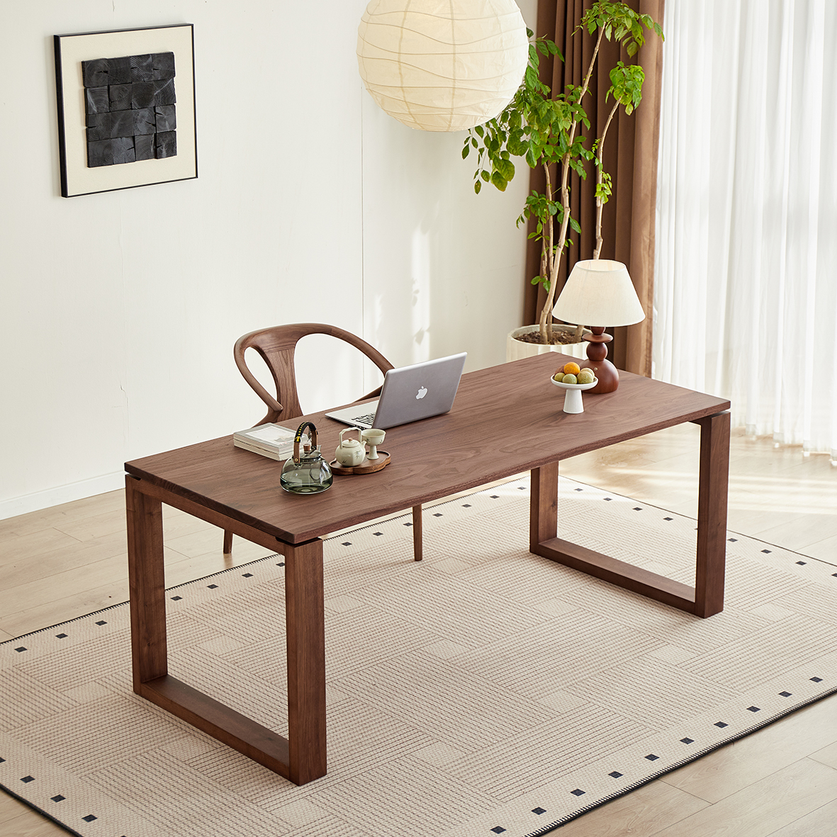 辰物家北美黑胡桃木客厅大板桌长方形书桌莫比恩家用餐桌一体桌