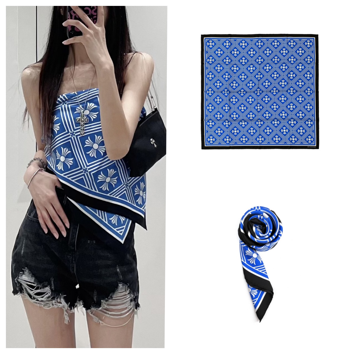Chrome Hearts 克罗心 格纹满十字真丝方巾 丝巾 抹胸 蓝色