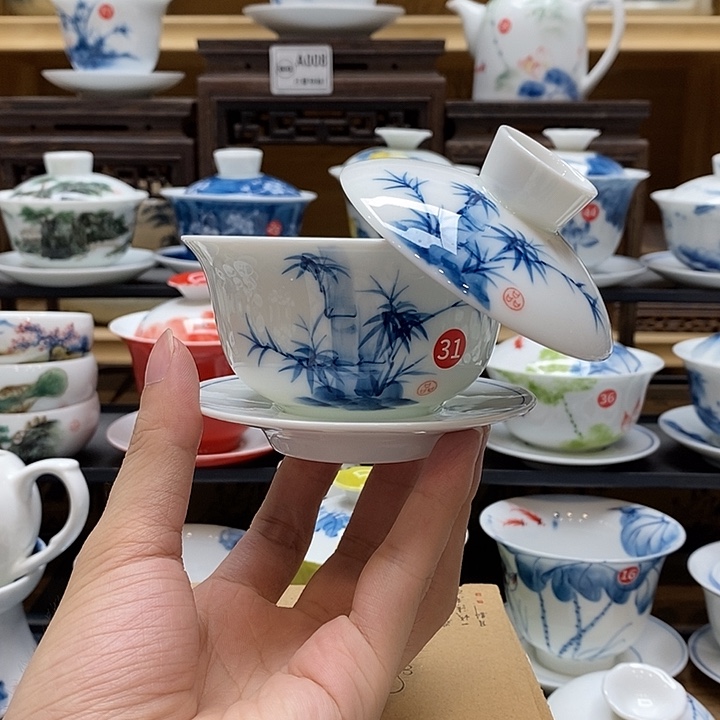 手绘竹子悬停盖碗150cc釉下彩微瑕福利款