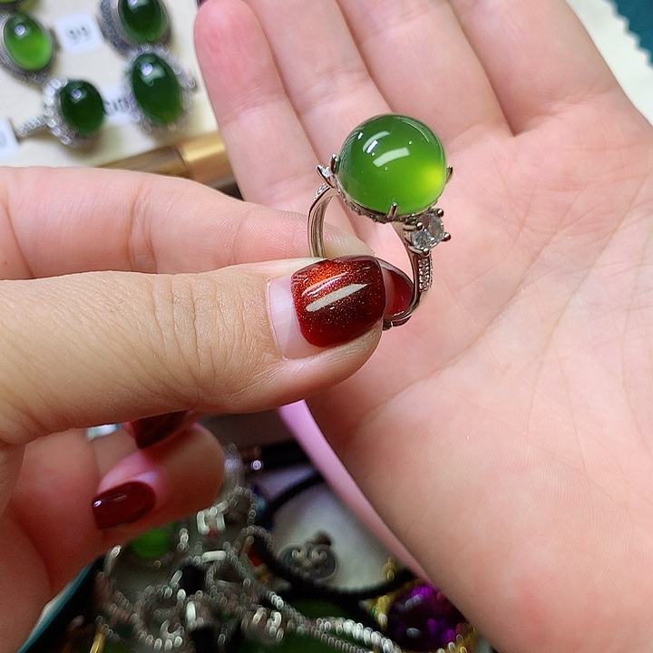 楼***蝎蛇纹石玉银S925镶嵌戒指