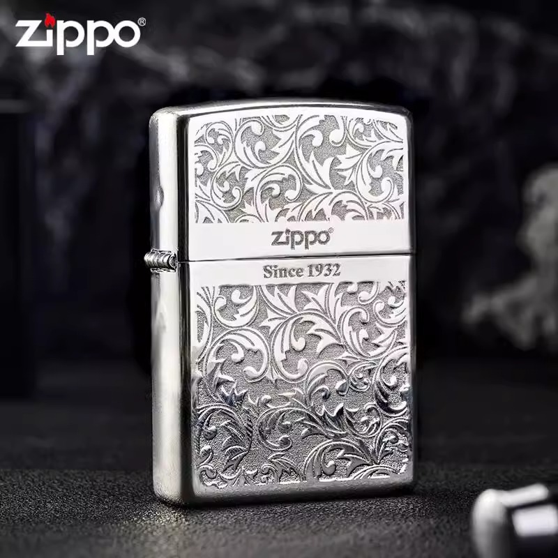 zippo打火机亮银唐草双面雕刻煤油防风送男友礼物DYH1X1