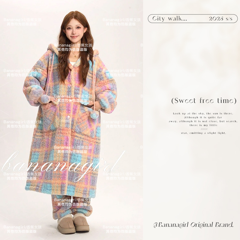 Bananagirl极寒睡衣女秋冬连帽格子睡袍环蓄温速暖家居服可外穿