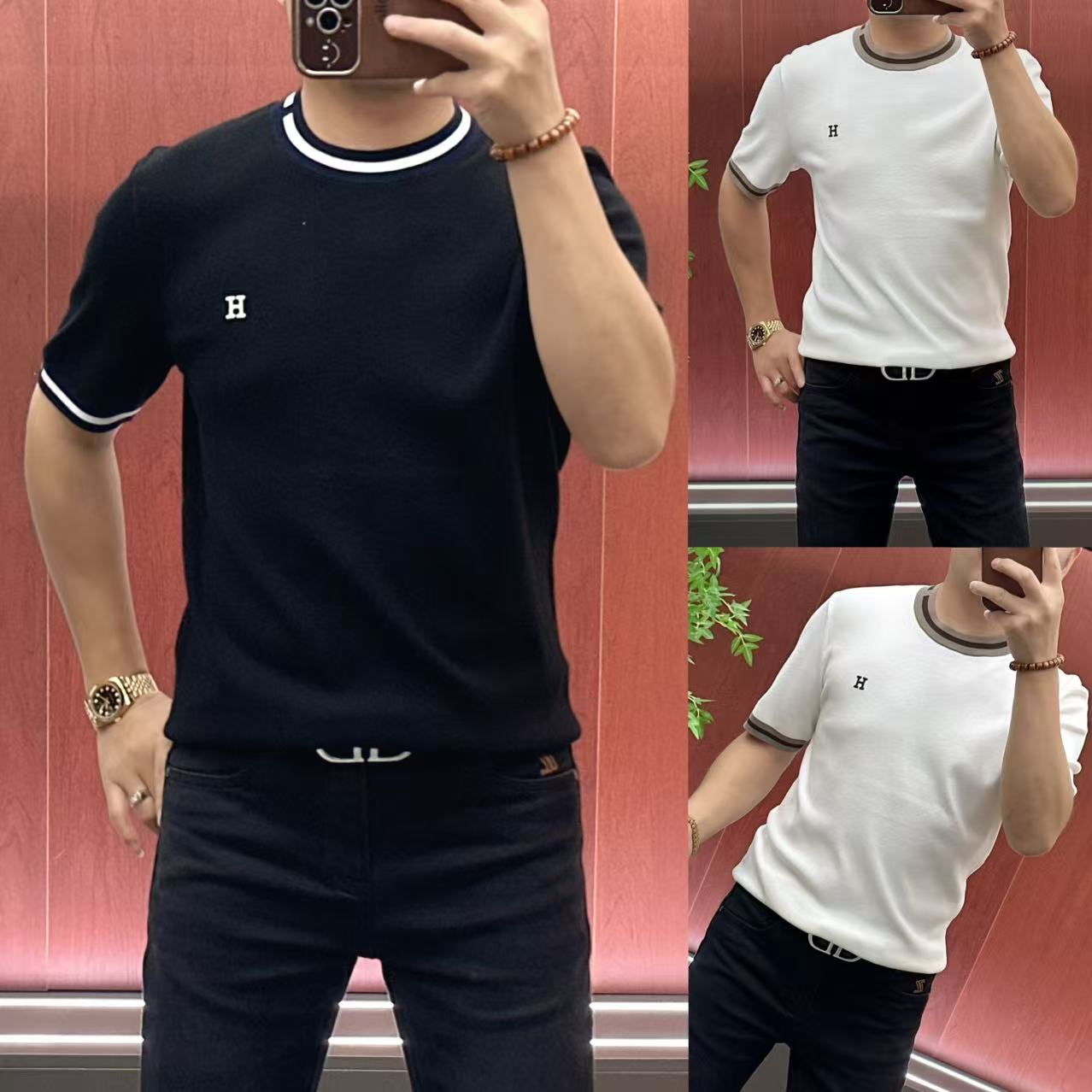 66062男士秋冬款•高织高密高弹桑蚕丝撞色条纹领短袖针织衫•A6