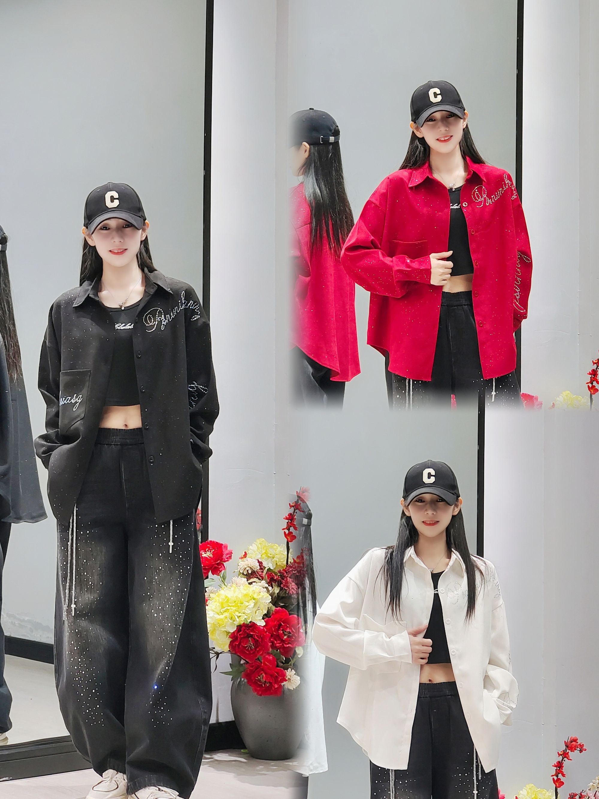 L5566条绒烫钻长袖衬衫斜纹宽松大版男女同款