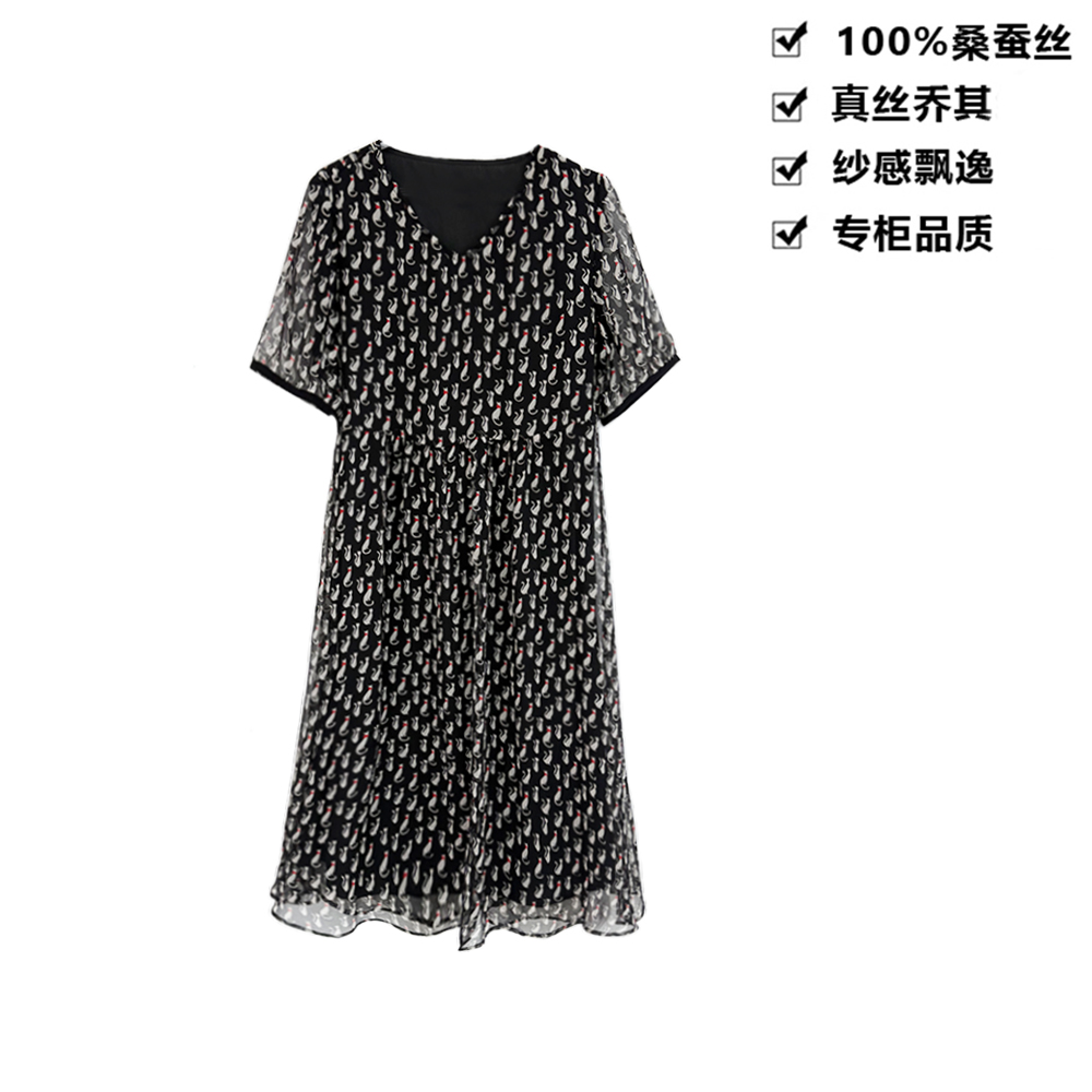 100桑蚕丝连衣裙真丝乔其萌喵奇遇印花桑蚕丝连衣裙LYQB10