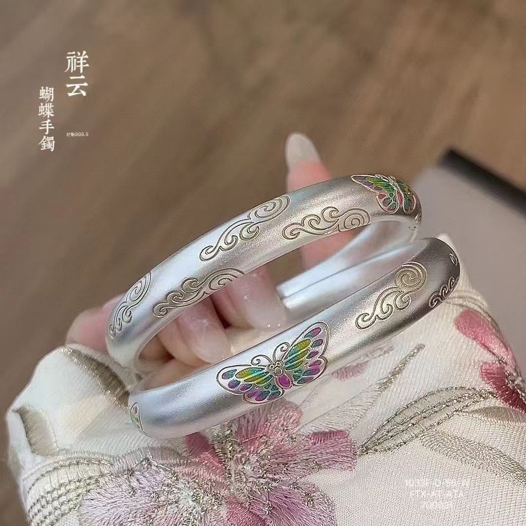 足银手镯 9999 描金祥云珐琅彩蝴蝶镯 货号004