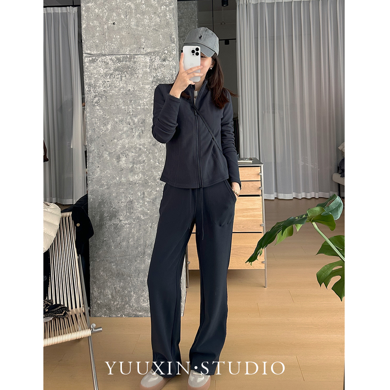  【YUUXIN】温泉绒套装~羊绒蛋白 冬季立领卫衣外套休闲阔腿裤套装