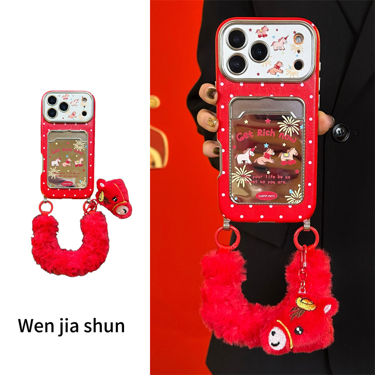 新年波点红小马镜面卡包腕带适用iPhone17promax手机壳苹果16新15