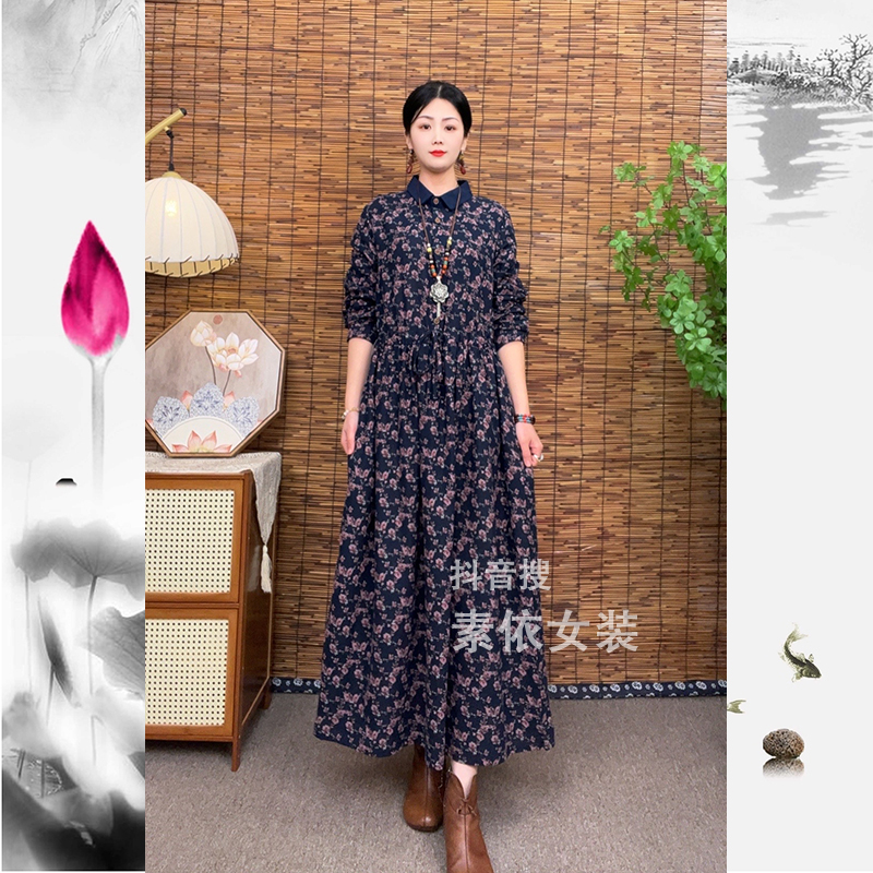 【SY】春季衬衫领气质长袖复古女装收腰中长款抽绳遮肚显瘦连衣裙