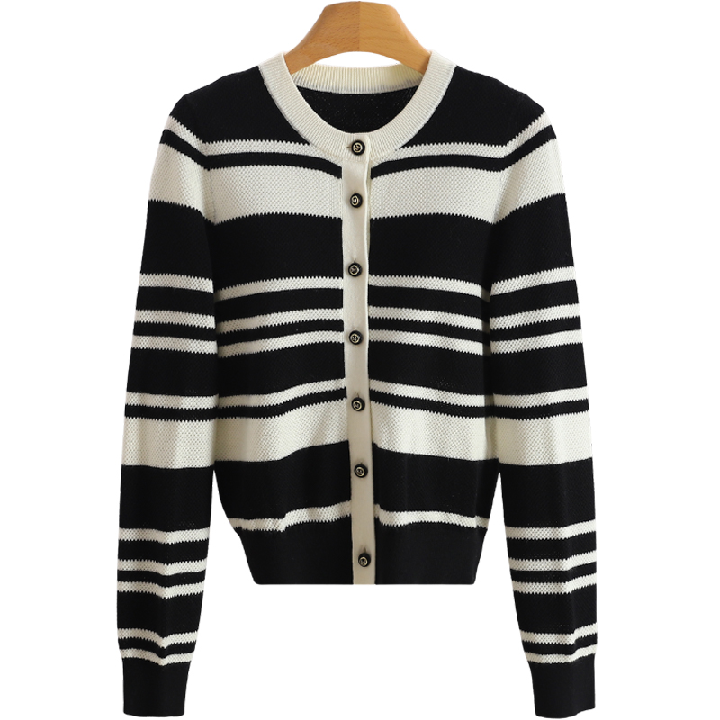 F7904-【M】撞色条纹圆领修身短款针织开衫#XMF58C003