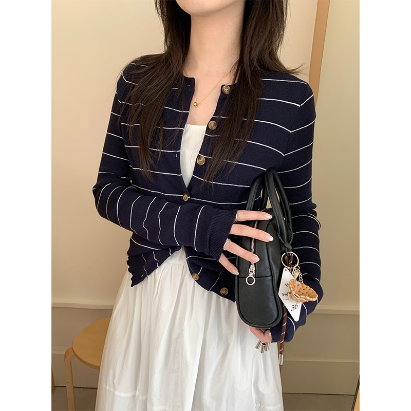 Miss sumeyY3726自制法式撞色条纹针织衫开衫薄外套宽松百搭上衣