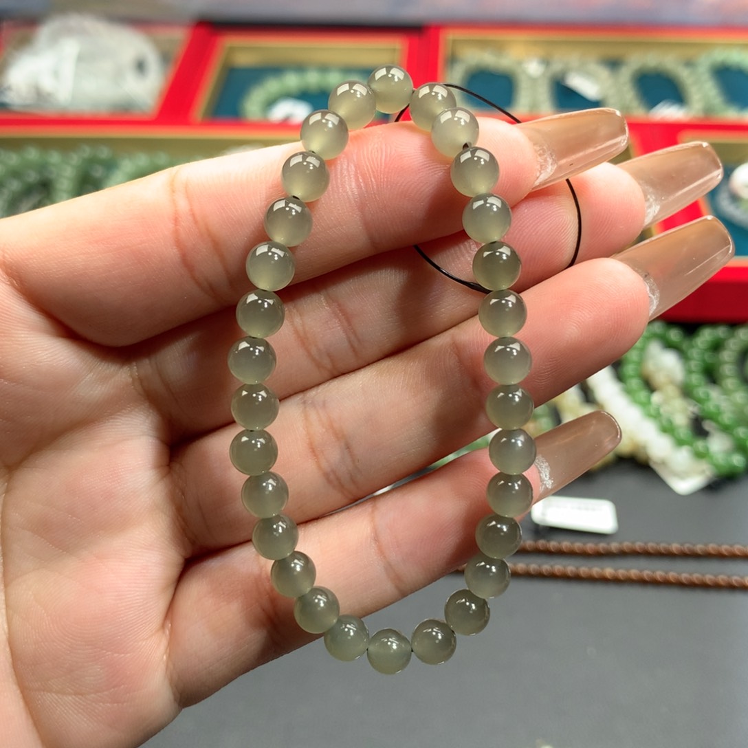 和田玉手串未镶嵌高冰烟灰