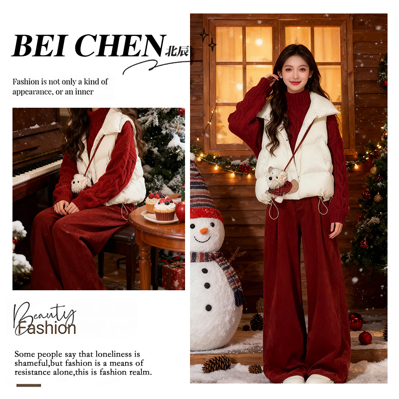 大码秋冬高级感2025圣诞红棉服马甲红色毛衣显瘦阔腿裤三件套