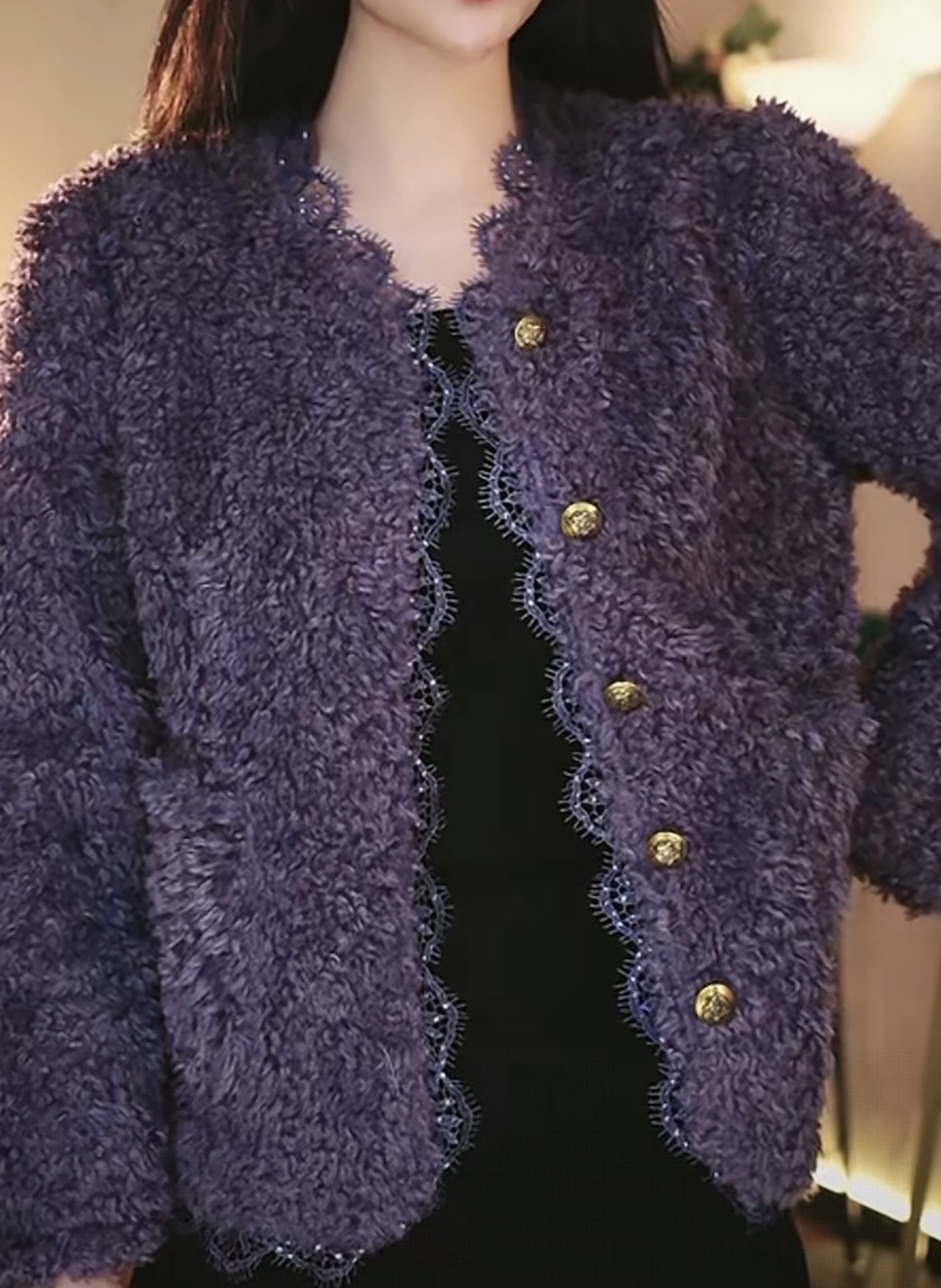 [赫蒂]羊羔绒皮毛一体-爆款时尚轻奢蕾丝边气质香风外套开衫1558