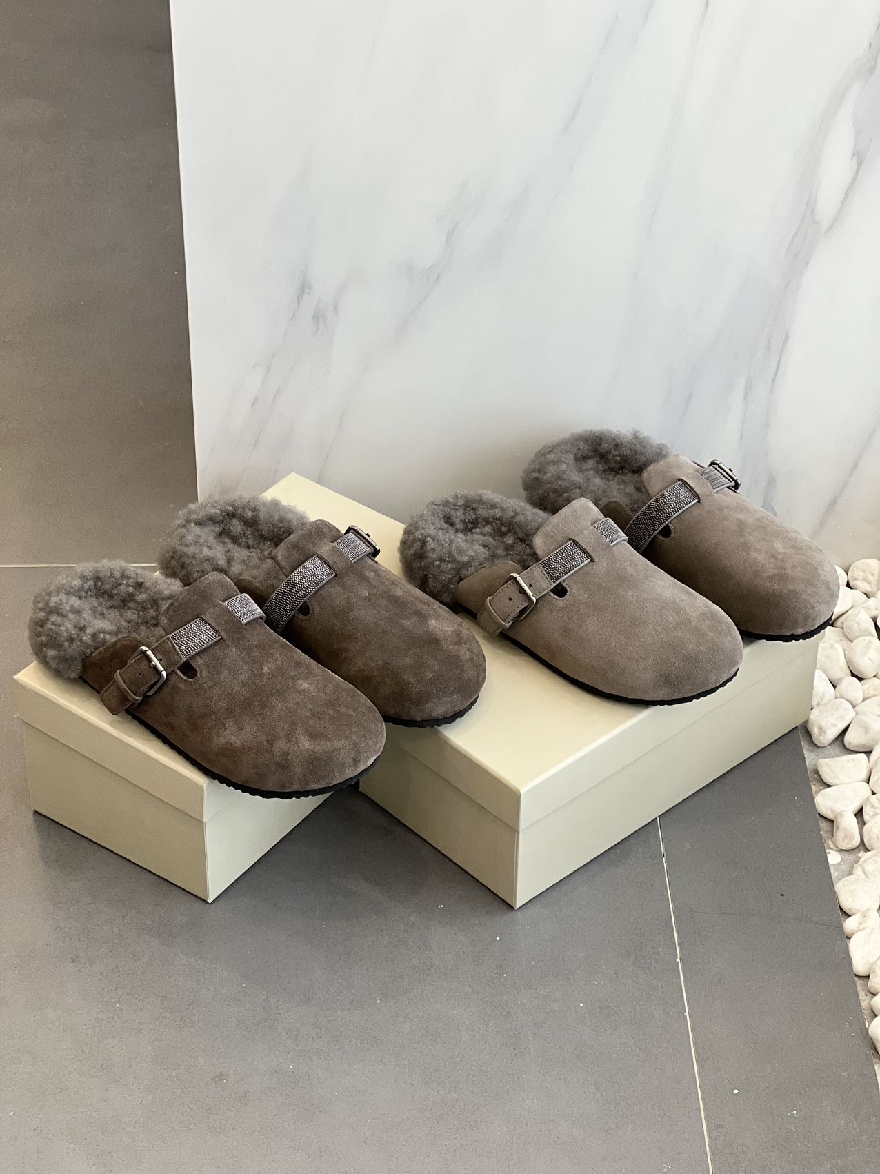 BC休闲帅气大头包头勃肯鞋牛反绒皮舒适羊毛半拖鞋毛毛勃肯鞋