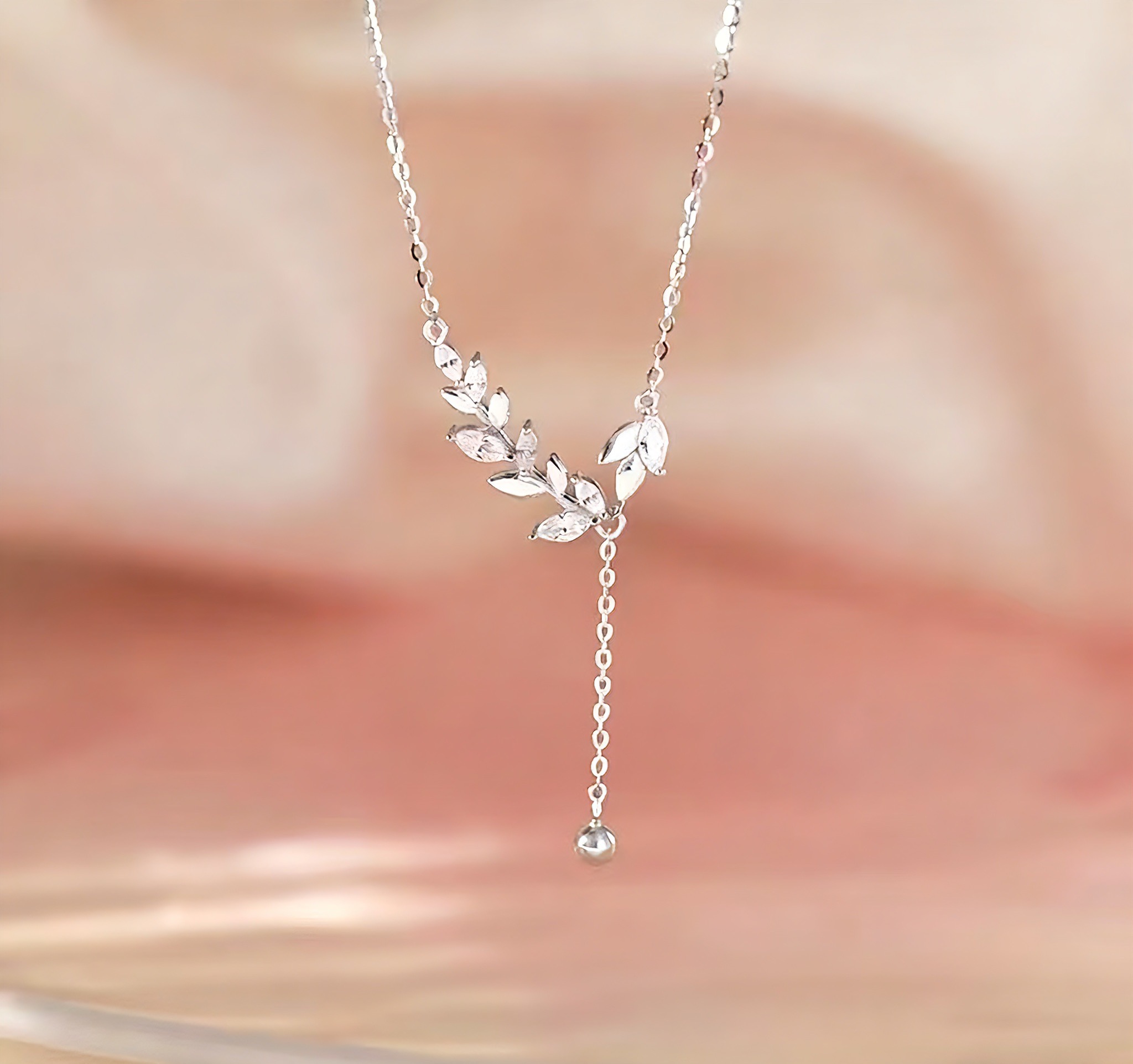 铜合金锆石项链 仙女风甜美小众设计树叶流苏锁骨麦穗项链