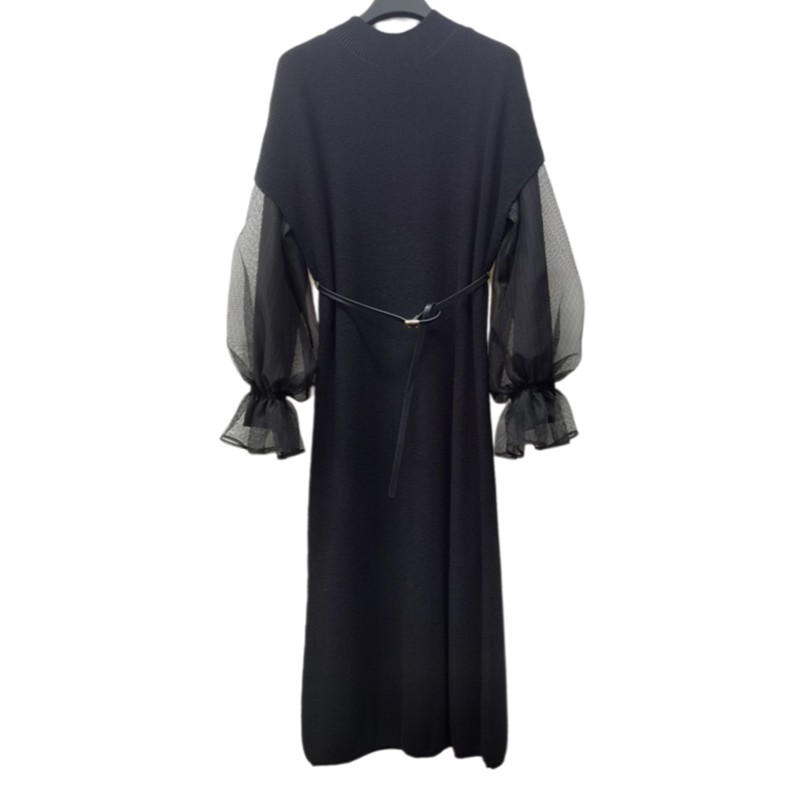 圣迪奥黑色圆领时尚优雅拼接网纱泡泡袖收腰女装连衣裙S223Z1470