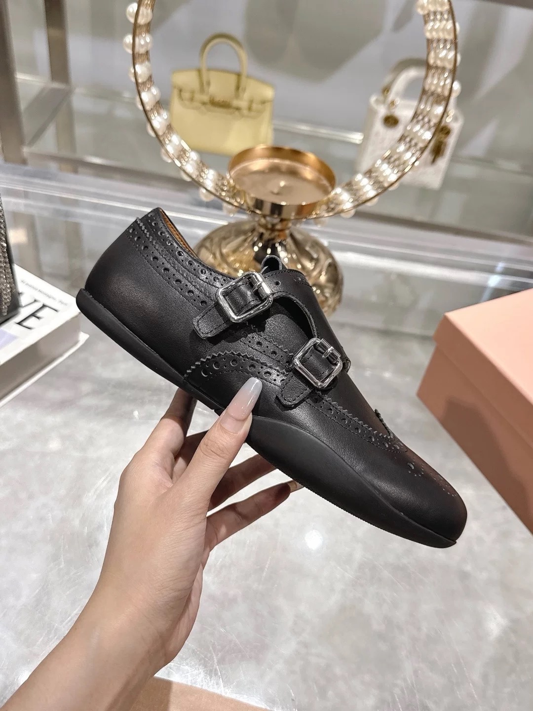 【周大米】复古浅口乐福鞋方头马衔扣金属秋季黑色平底鞋魔术贴