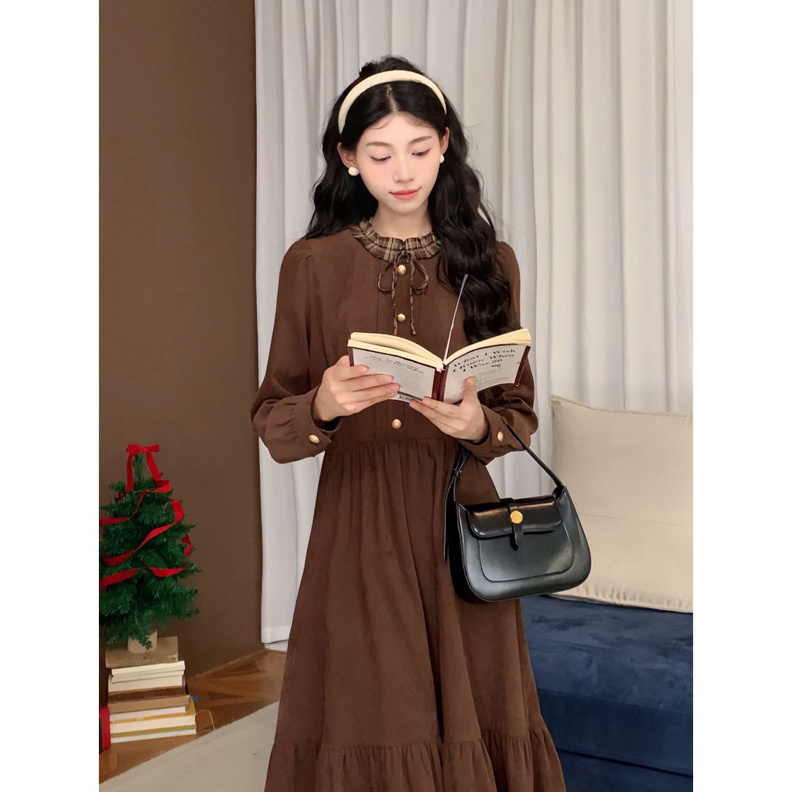 张汽水棕色复古拼接连衣裙女收腰显瘦长袖长裙DY2025302