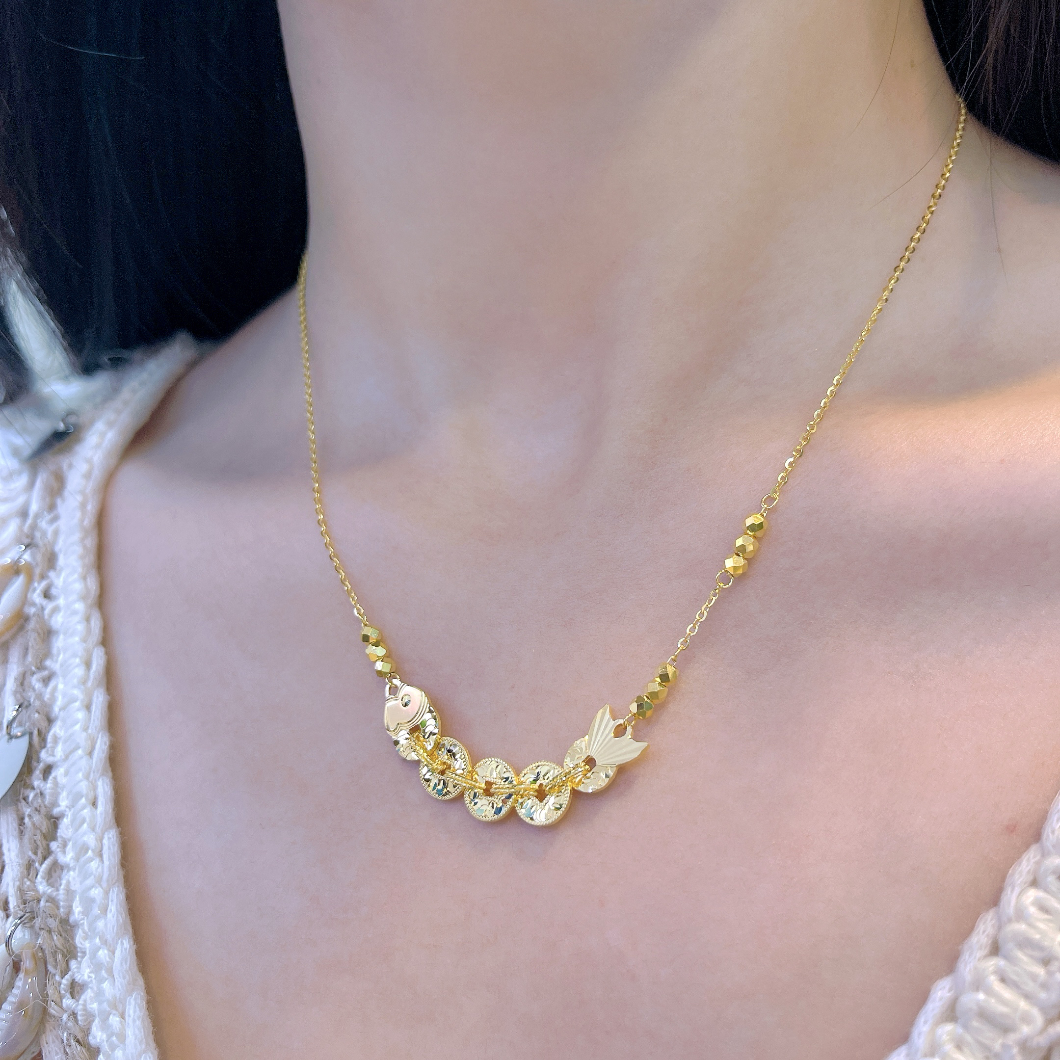 5G工艺足金999时尚碎金蹦迪五帝锦鲤套链