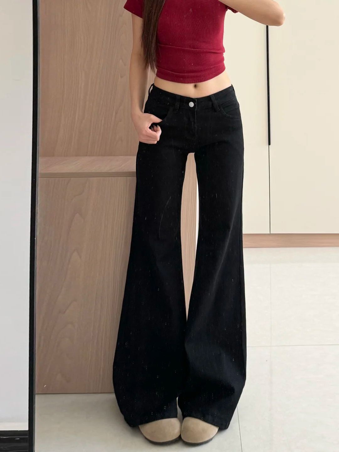 黑色不贴喇叭牛仔裤女2025春秋新款低腰显瘦阔腿裤百搭裤子拖地裤