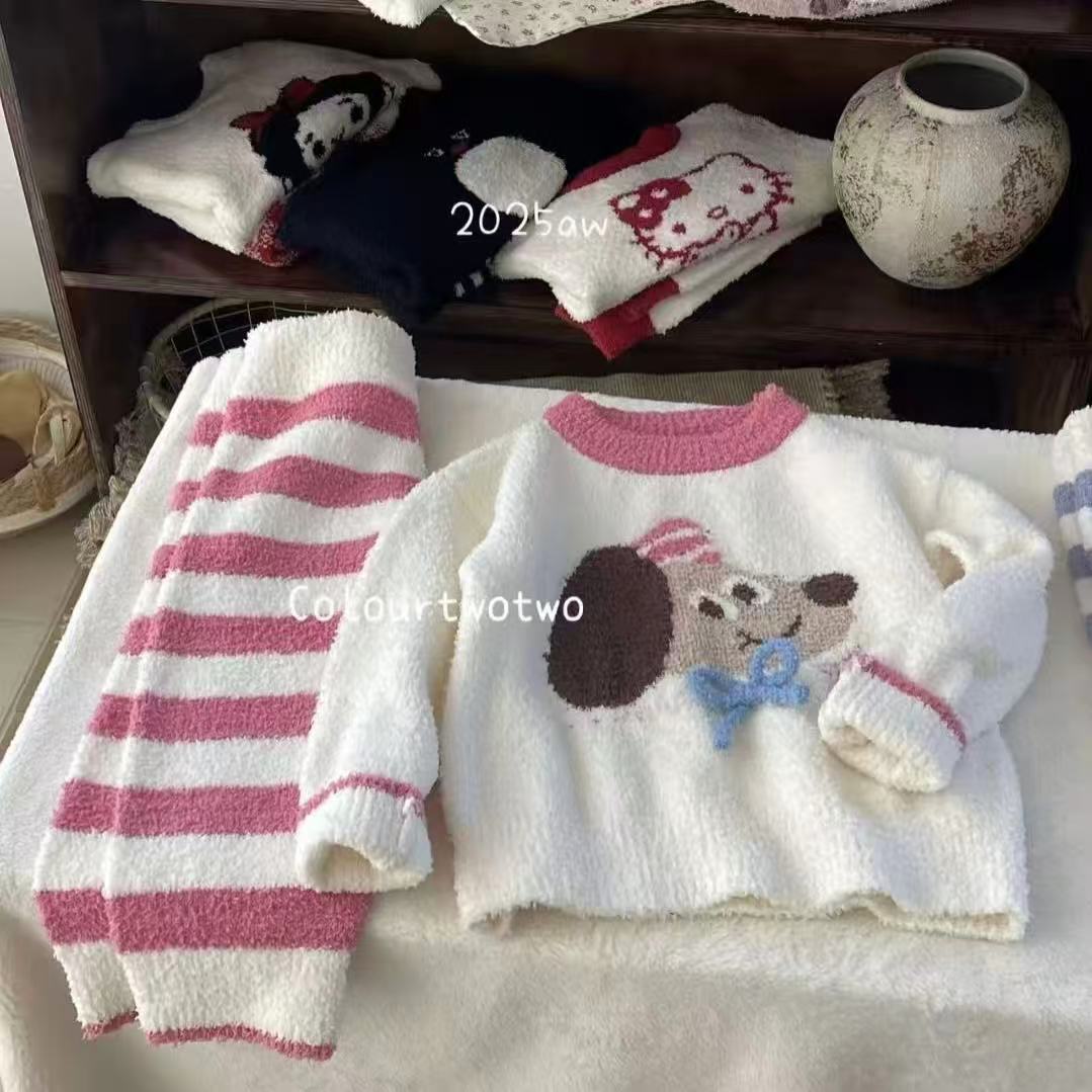 半边绒睡衣保暖冬季加厚家居服套装宝宝男女童装洋气针织套头可爱