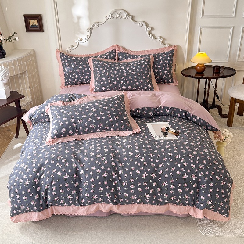 复古小香风四件套花边加厚印花被套纯色床单床笠床上用品